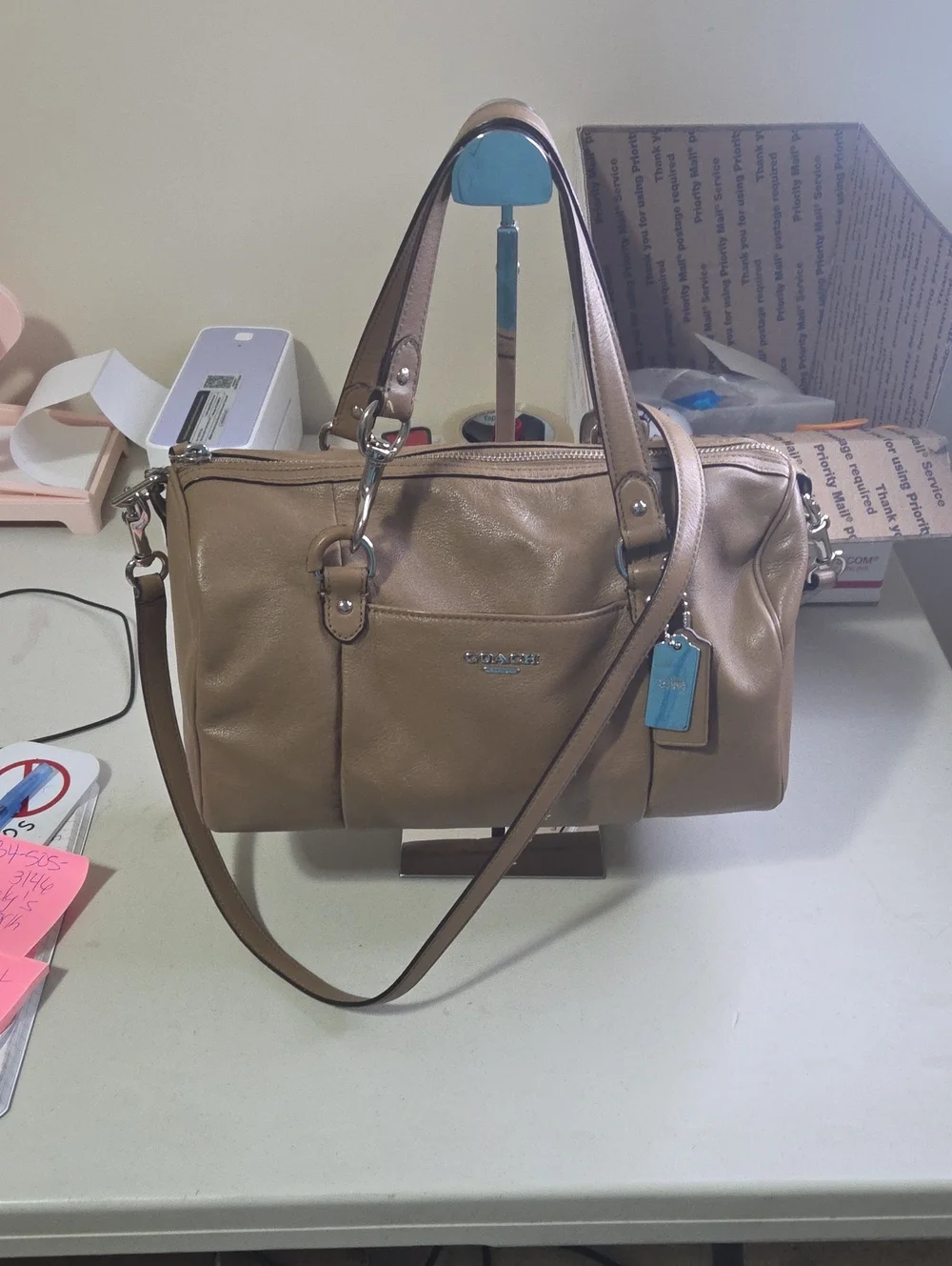 Coach Taupe/Brown Leather Satchel with Detachable Strap